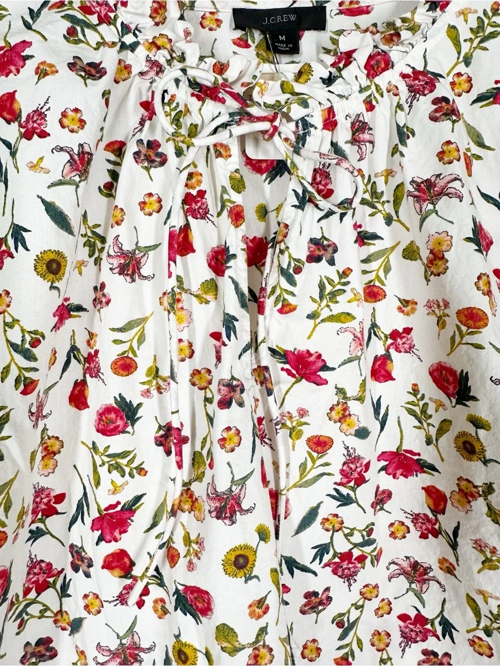 J. Crew Cream Floral Tie-Neck Blouse with Pink Yellow Blooms Top M